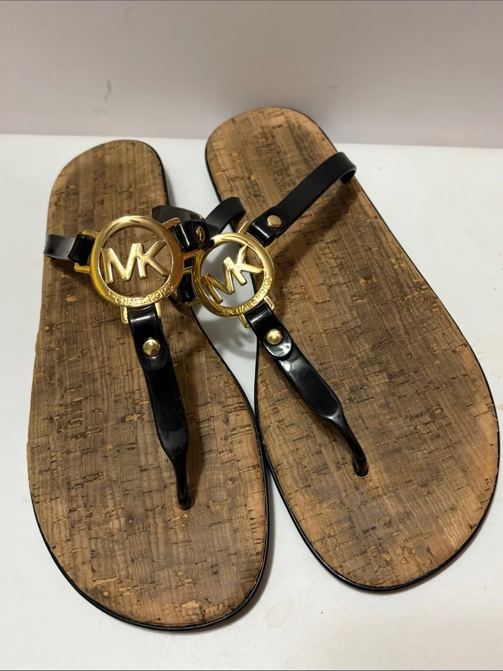 Michael Michael Kors Black and Gold Logo Thong Sandals Sz 10 Women